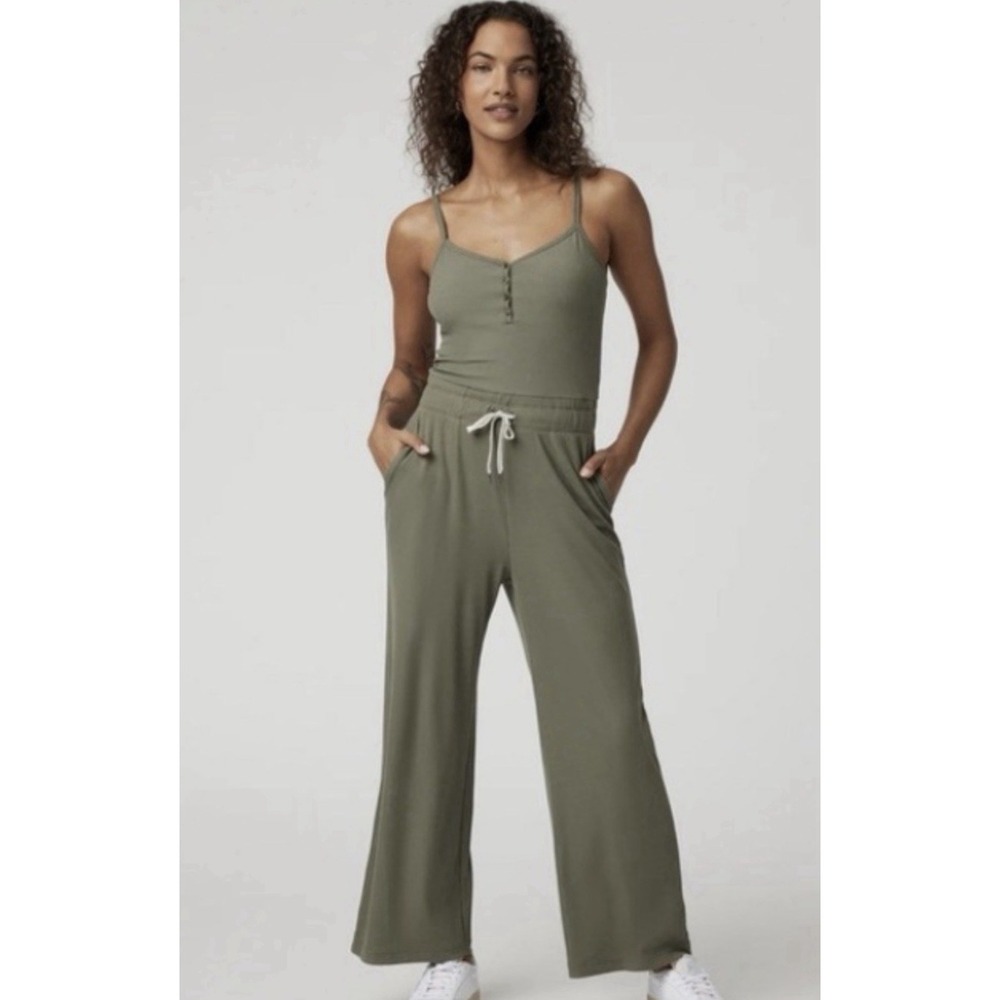 Vuori Medium Green Modal Pose Henley Tank Stretch Ribbed Pant Sporty Jumpsuit